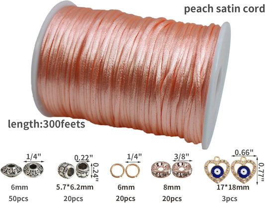 Peach Satin Cord 2.5mm Nylon String 300 feet Satin Rattail Silk Cord for Jewelry Making-Braided Bracelets-Necklace-Macrame Craft-Keychains Lanyards-Drawn String Bags