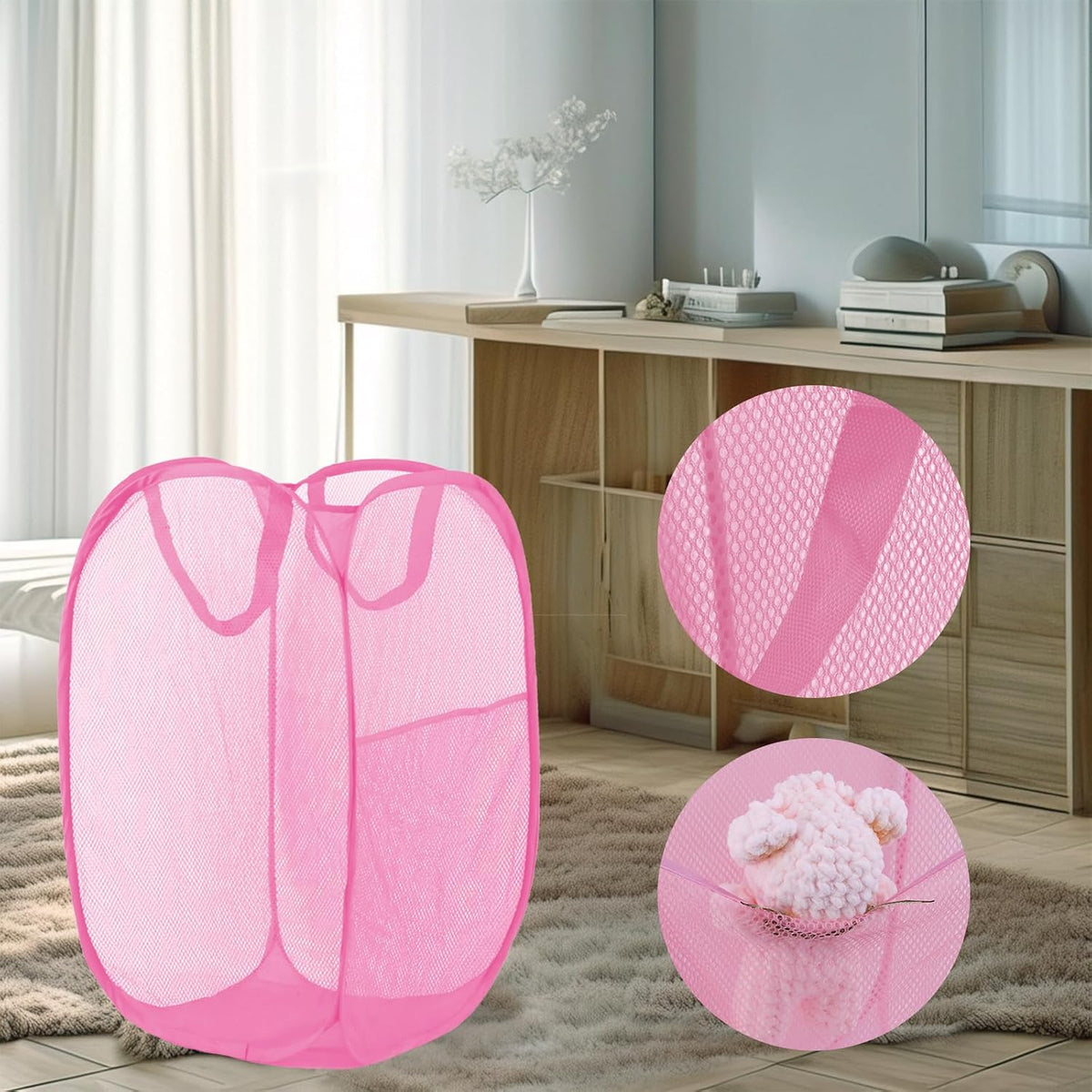 Pop Up Laundry Hamper, Mesh Laundry Basket Collapsible, Foldable Hamper for Travel and Storage (Pink)