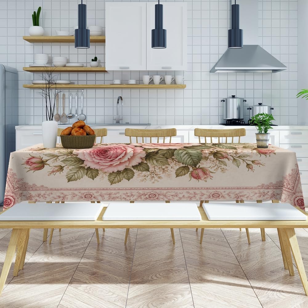 Rectangular Tablecloth, Victorian Shabby Chic, Blush Pink Rose, Polyester 54x70.9