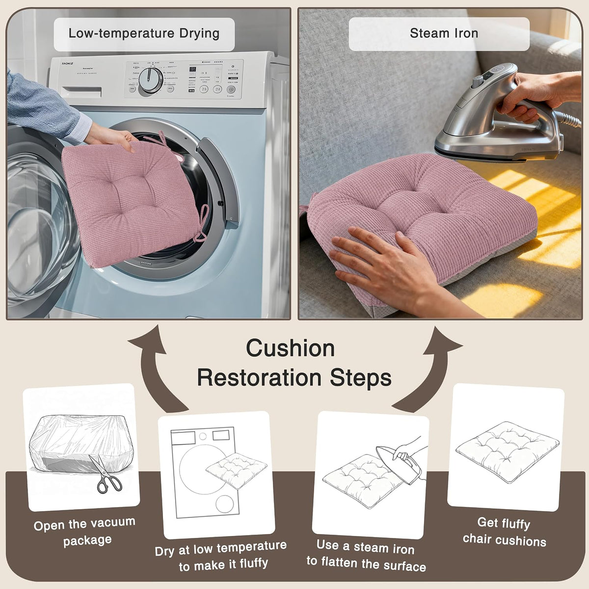 Dining Chair Cushions Set of 2 with Ties 18"x16.5"x3" Light Pink