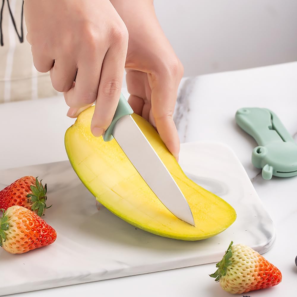 2 pcs ceramic knife - 4 Inch green and pink fruit knife with hippo shape cover, paring knife, use for fruit bread vegetable and meat (green and pink)