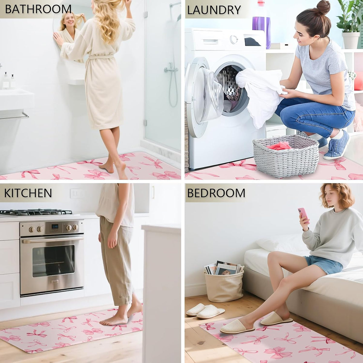 Bow Rugs for Kitchen Floor, 2PCS Anti Fatigue Pink Bow Mat for Kitchen