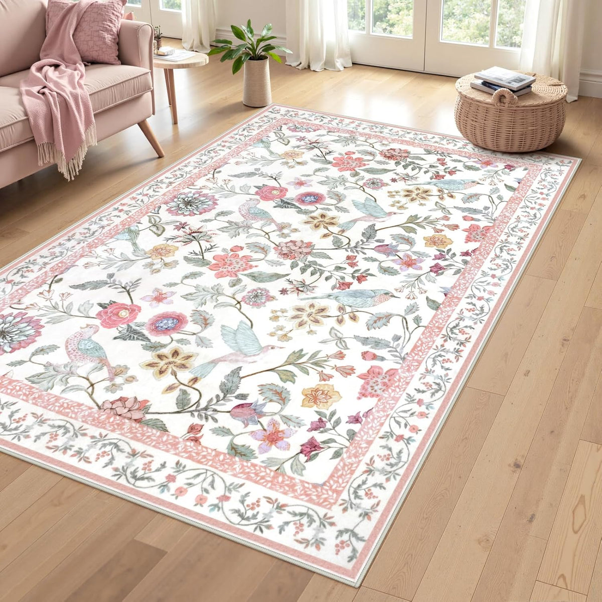 Washable Floral Area Rug, 4x6 Pink Girls Bedroom Rug Soft Non-Slip Botanical Living Room Rugs, Ultra Thin Modern Boho Flower Birds Throw Carpet for Kitchen Entryway Nursery Foyer