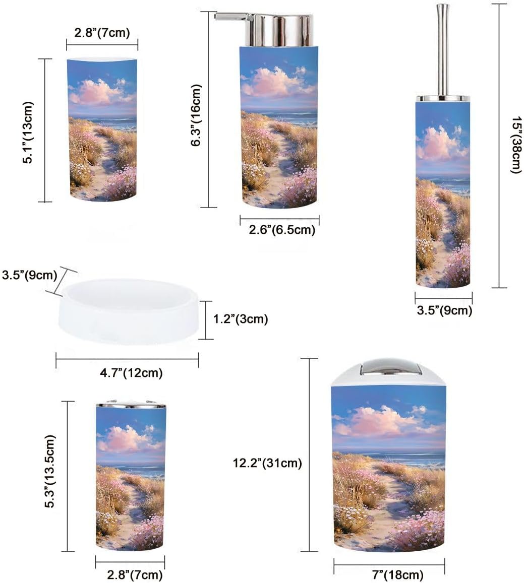 Pink Coastal Bathroom Accessories Set 6 piece Pastel Pink Coastal Wildflower Path Modern Dreamy Aesthetic Plastic shatterproof Vanity Organization countertop Decor for Home, Apartment, Dorm