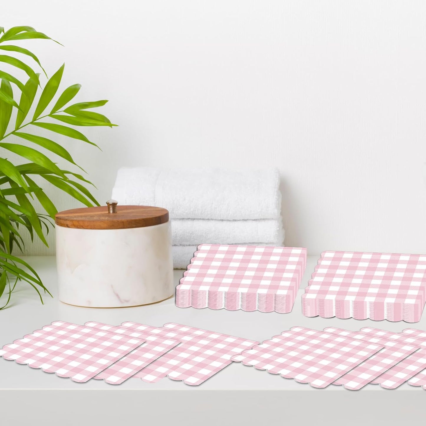 100Pcs Pink Scalloped Napkins Pink and White Checkered Decorative Party Supplies Light Plaid Checkered Dessert Napkins for Girls Women Wedding Birthday Baby Shower Summer Picnic Party Favor