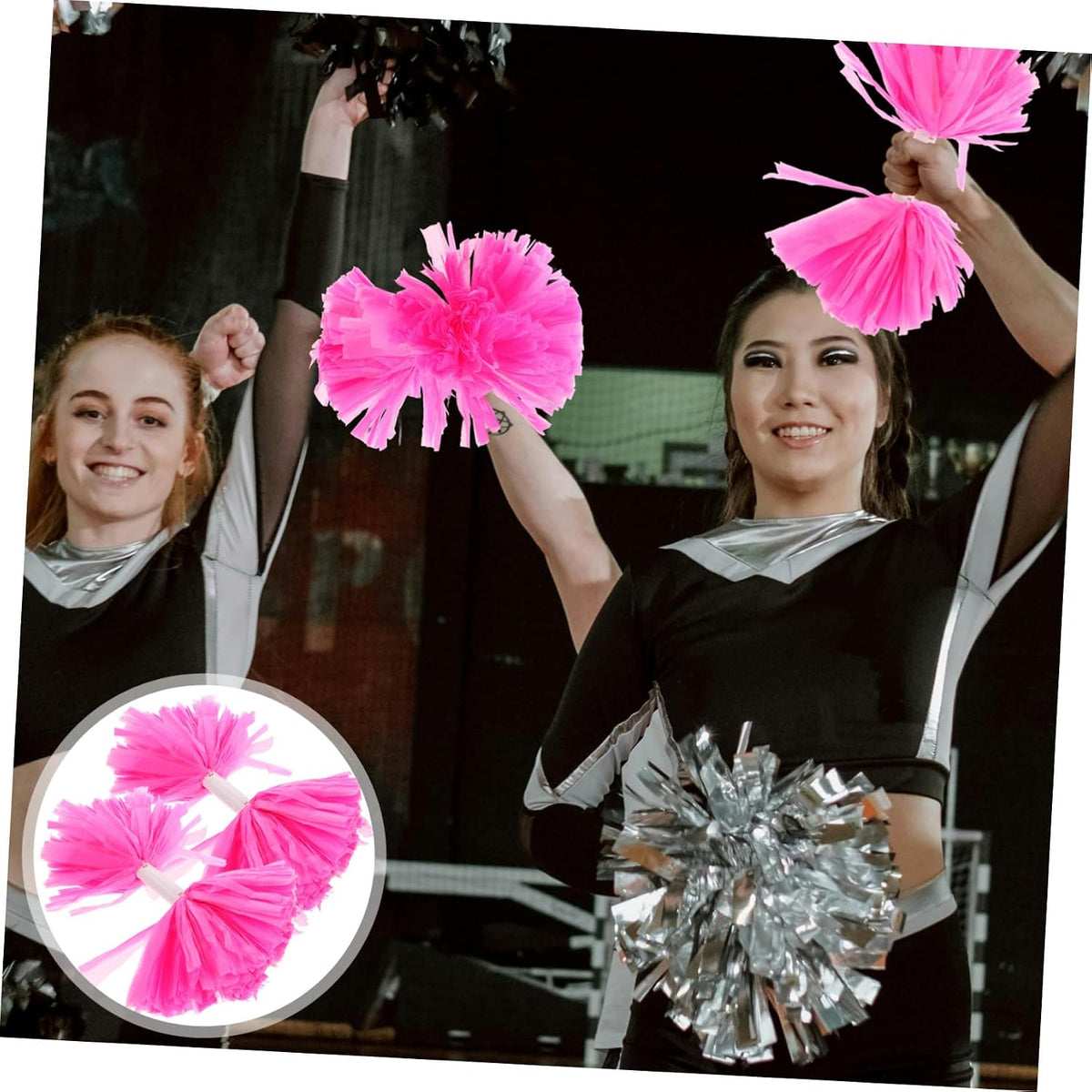 2PCS Pink Cheerleading Pom Poms with Handle Lightweight Portable Handheld Party Cheering Props for Adults Team Sports Event Dance Squad Supplies