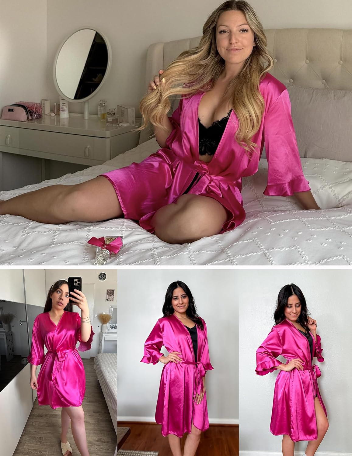 Women's Satin Robe Kimono Bathrobe Short Ruffle Sleeve Silk Robes