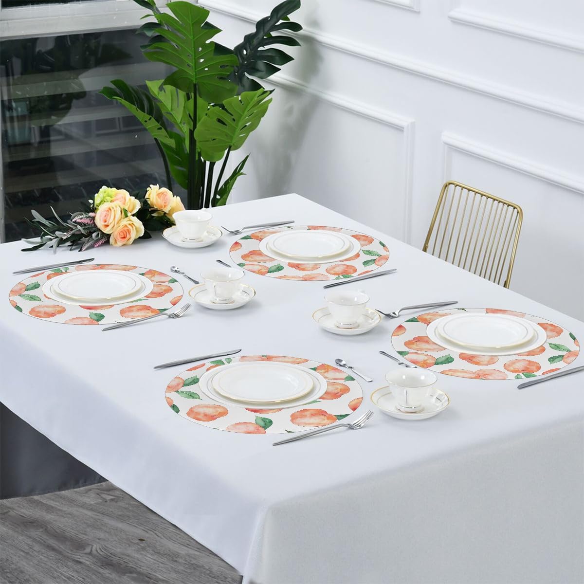 Round Placemat Set of 6 for Dining Table Fruit Peach Pattern Place Mats Washable Heat Resistant Table Mat for Kitchen Decoration