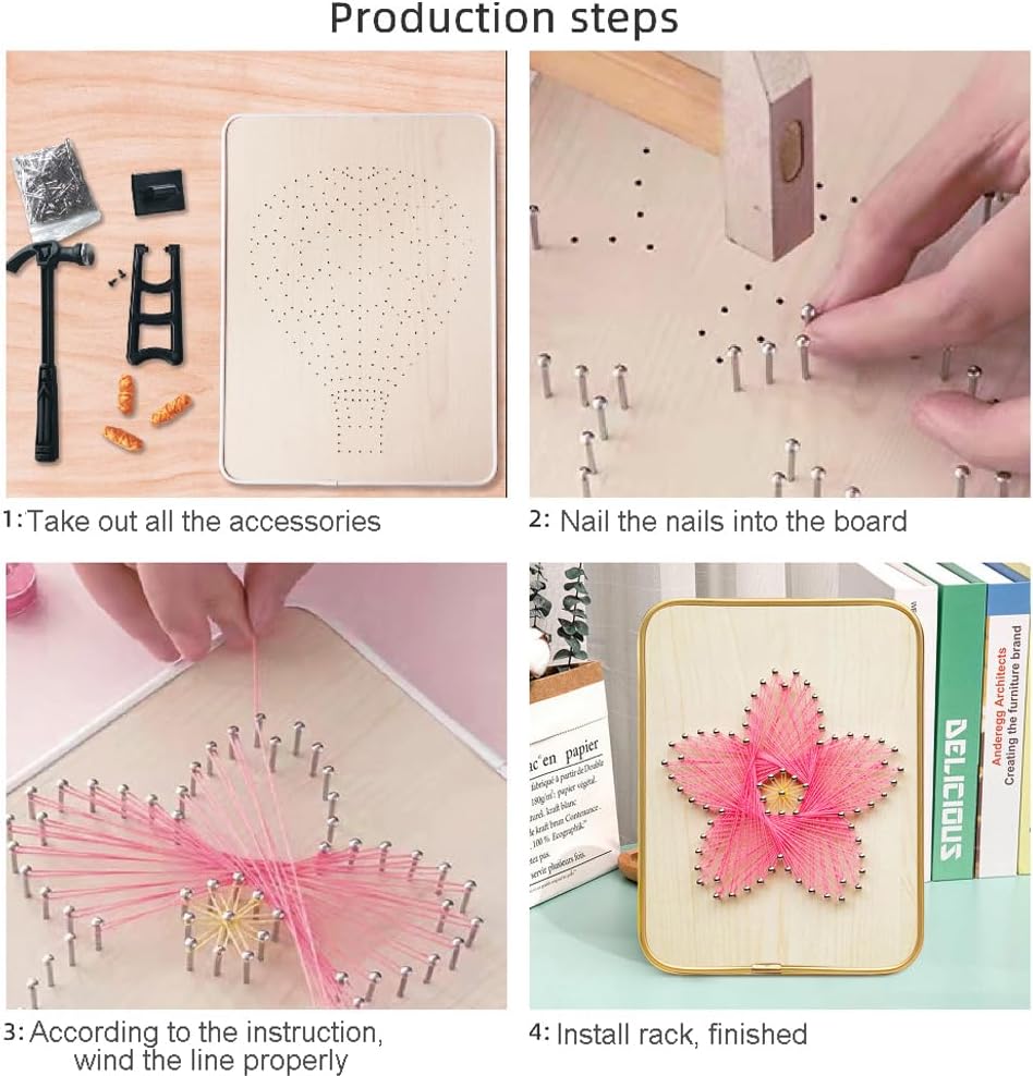 DIY String Art Kit, 3D String Nail Making Kit Art Crafts Kit for Beginners Women Men Students Home Handmade Wall Table Decorations Mother's Day Valentine's Gifts (Pink)