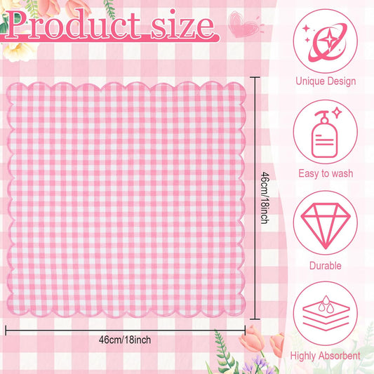 12 Pack Buffalo Plaid Cloth Napkins 18x18 Inch Checkered Cloth Napkins Scalloped Soft Cotton Table Mat Washable Reusable for Dinner Wedding Holiday Birthday Parties (Classic,Pink)