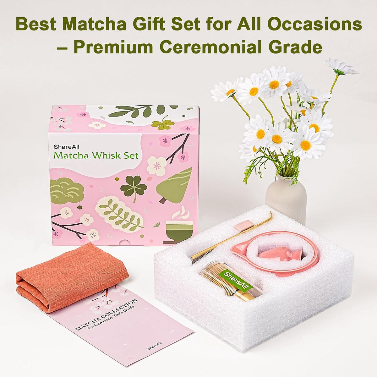 Matcha Whisk Set – 7-Piece Matcha Set & Complete Matcha Kit with Glossy Pink Ceramic Bowl, Bamboo Chasen, Sifter – Coffee Alternative, All-in-One Lattes & Tea Ceremony, Gift for Her (Pink)