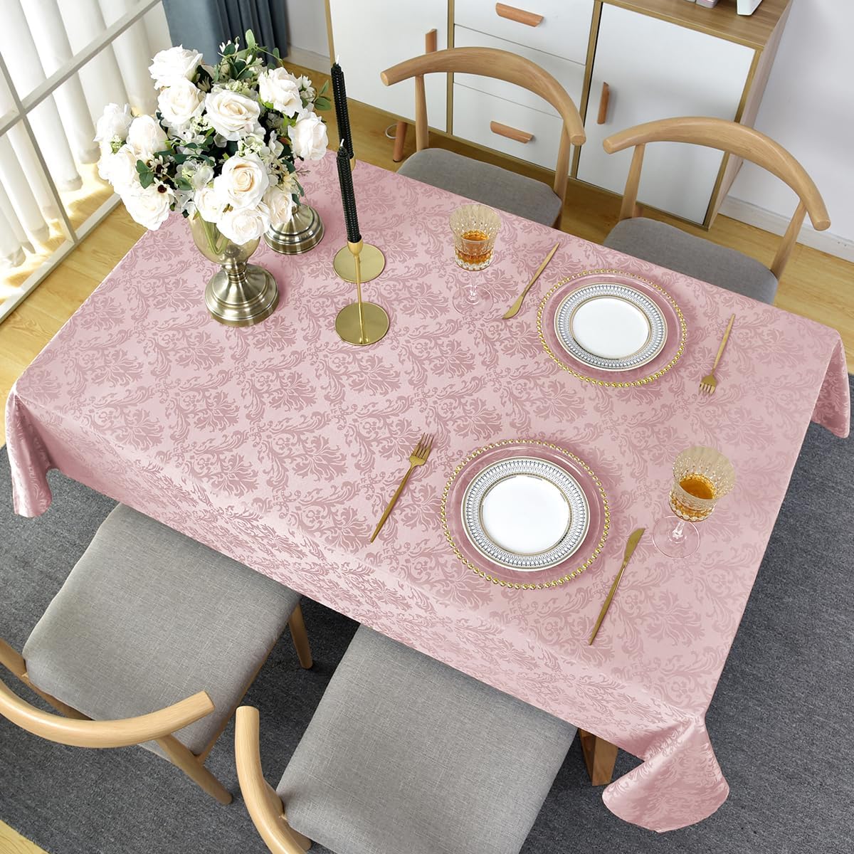 Floral Jacquard Tablecloth Rectangle 60 x 84 Inch, Pink
