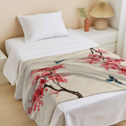 Cooling Blanket for Hot Sleepers, Peach Blossoms Lightweight Breathable Summer Blanket, Spring Summer Floral Birds Burlap Rustic Double-Side Cool Throw Blankets for Sleeping Travel, 30"x40"