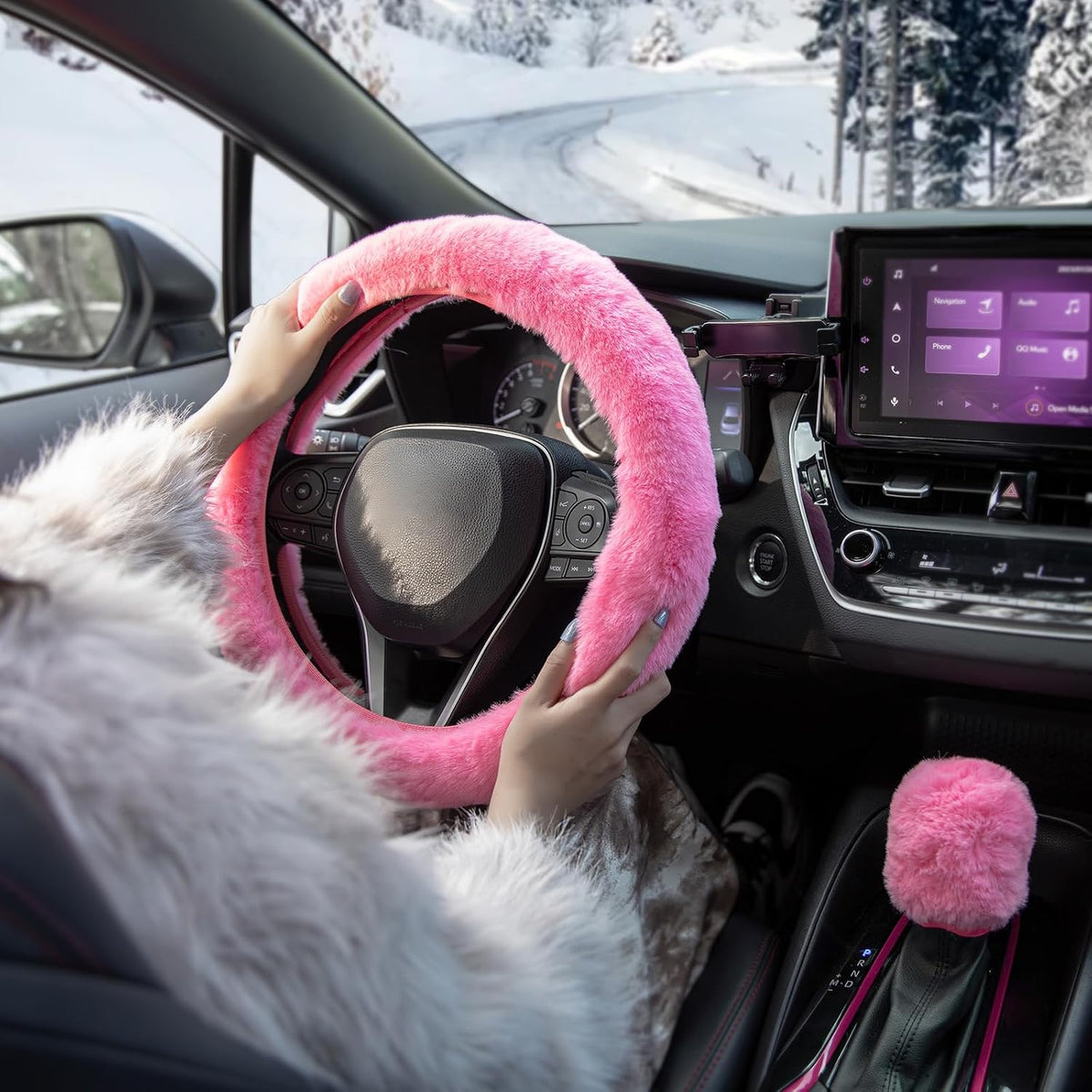 Furry Steering Wheel Cover, Fluffy Fuzzy Gear Shift Cover, Pink