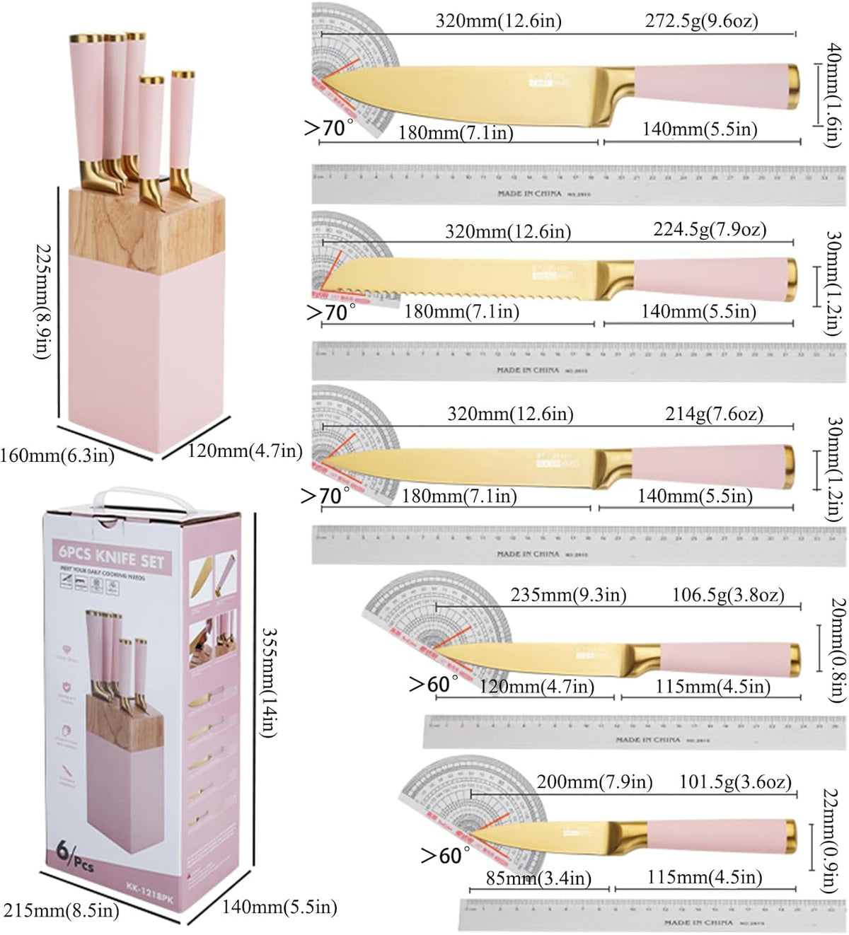 7 Pcs Aesthetic Gold Pink Kitchen Knife Set with Wooden Block Sharpener
