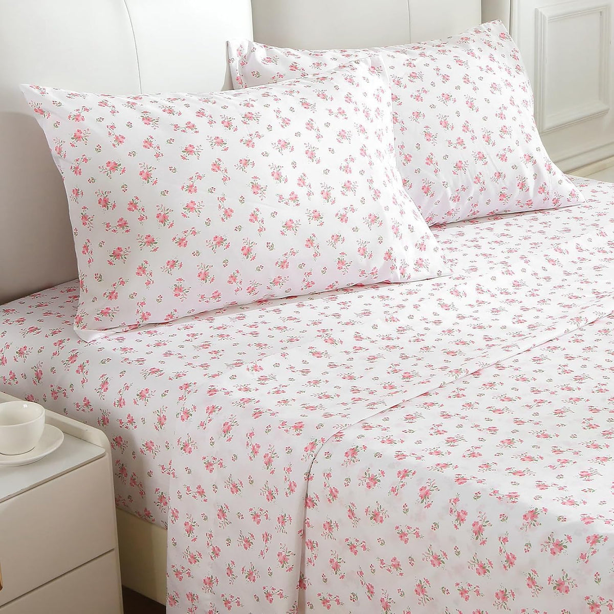Queen Size 4 Piece Sheet Set, Soft Breathable Bed Sheet Set for Bedroom with Deep Pocket Up to 16", Wrinkle-Free & Cooling Bedding for Oeko-TEX Certified - Blossoms Pink