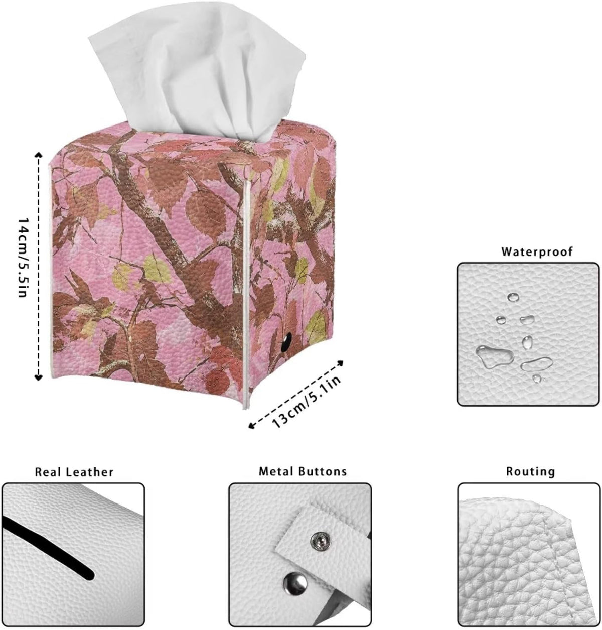 Pink Leaves Camo Tissue Box Cover Square Novelty Home Decorative Tissue Box Holder PU Leather Case Facial Paper Cube Napkin Organizer Dispenser with Bottom Belt