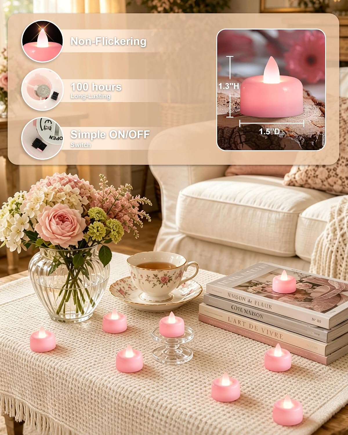 12Pack Pink Flameless LED Tea Lights Candles Battery Operated