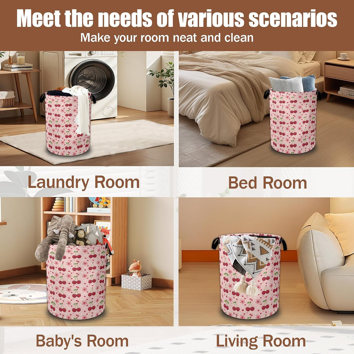 Cherry Flower Laundry Basket,Waterproof Foldable Pink Laundry Hamper,Dirty Clothes Laundry Basket, Linen Bin Storage Organizer Collection 16" x 20.8"