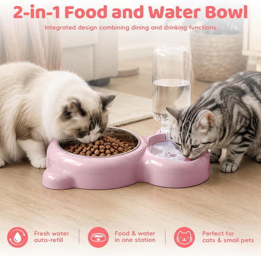 2-in-1 Dog Cat Bowl, Cat Food and Water Bowl Set, Pink
