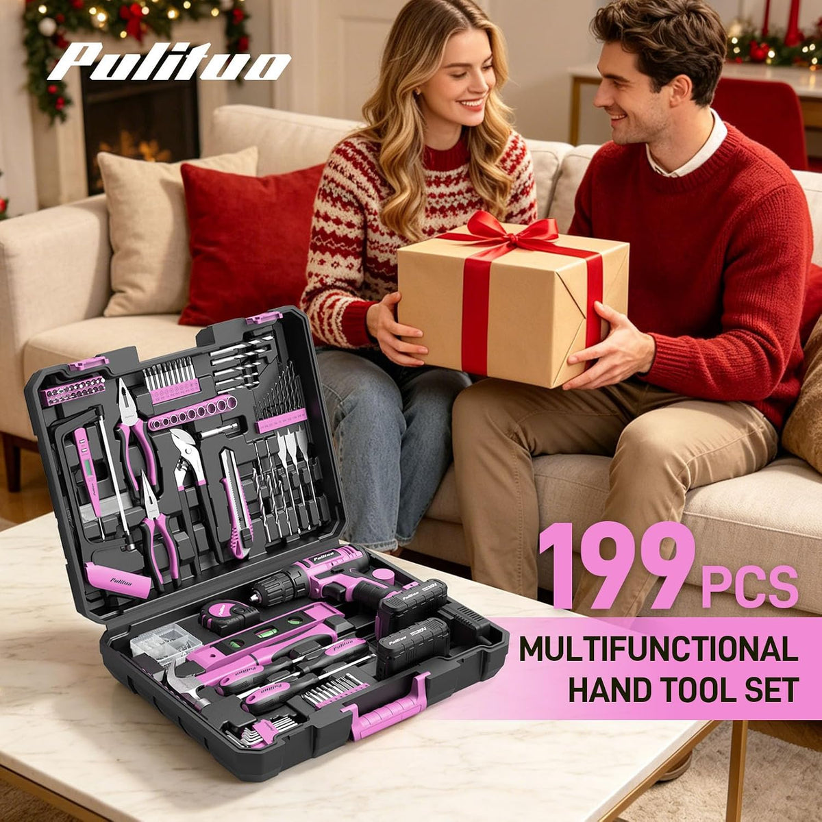 Power Drill Tool Kit with 20V Cordless Drill/Driver, Electric Screwdriver, 2 Batteries & Charger, LED Light, 199-Piece Pink Home DIY Tool Set with Toolbox, Drill Set for Women & Men (Pink)