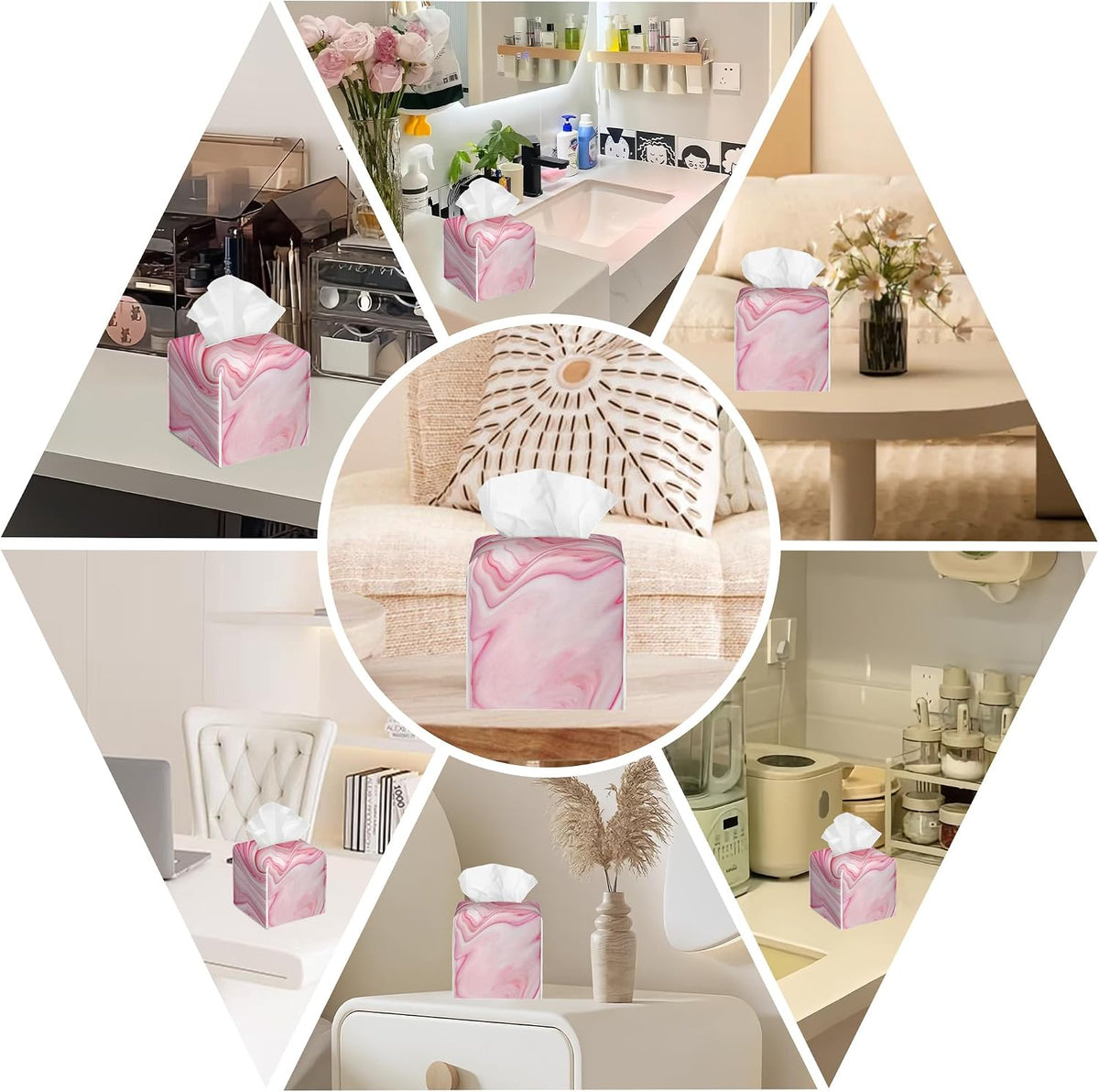 Pink Liquid Marble Tissue Box Cover Square, Tissue Box Holder with Bottom Belt Leather Facial Paper Organizer Dispenser for Bathroom Bedroom Dresser Night Stand Tabletop