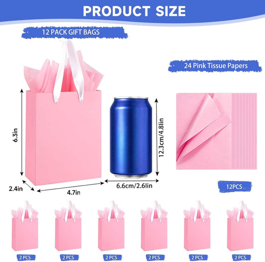12-Pack Small Pink Gift Bags with Handles - Includes 24 Tissue Papers, 6.3x4.7x2.4 Inches Mini Gift Card Bag for Birthday Party, Baby Shower, Wedding, Holiday