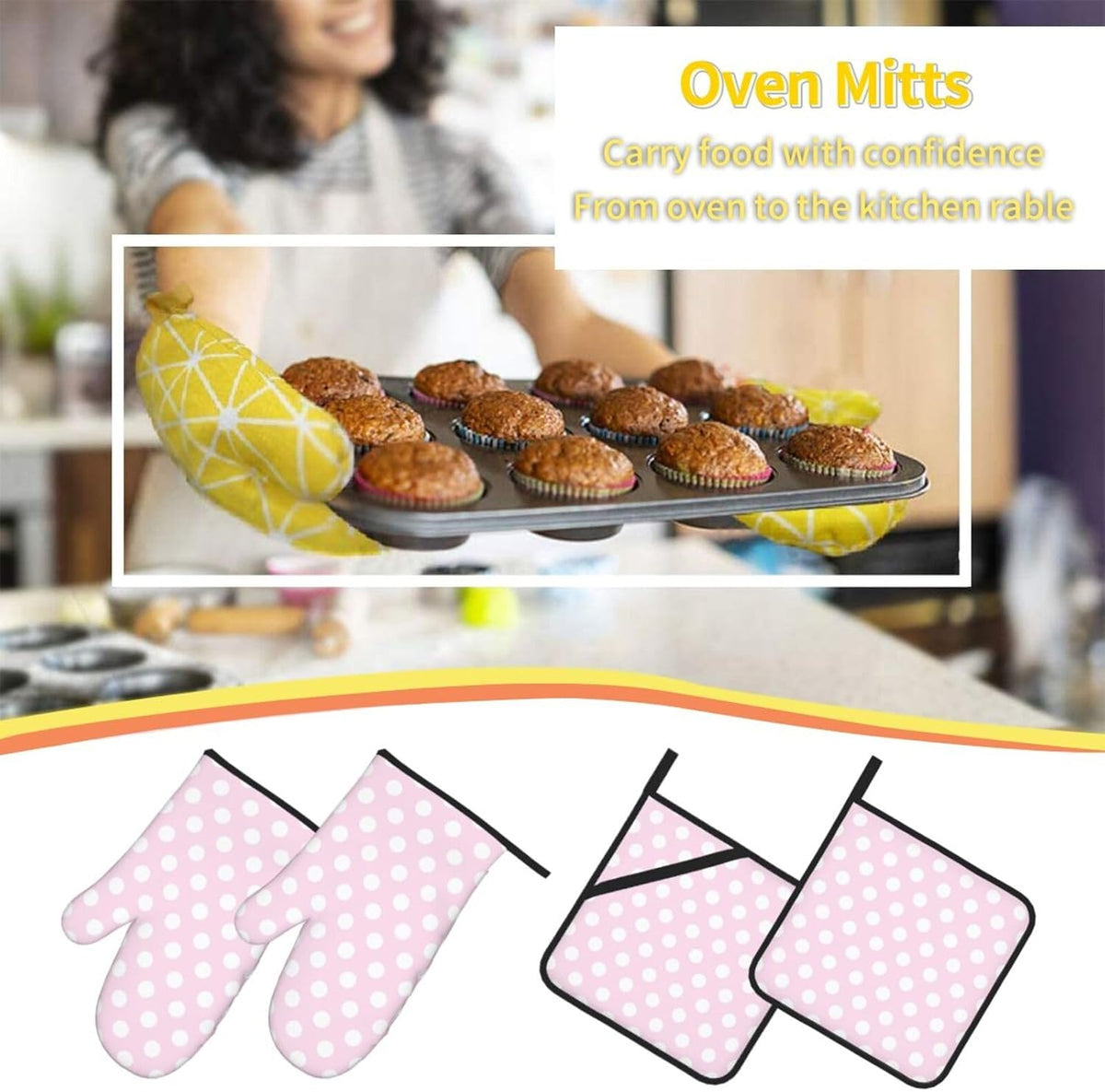 Light Pink Polka Dot Print A Oven Mitts and Pot Holders 4Pcs Set, Heat Resistant Silicone Oven Mitts Pot Holders for Kitchen Cooking Baking, Non-Slip Hot Pads Potholders Gloves