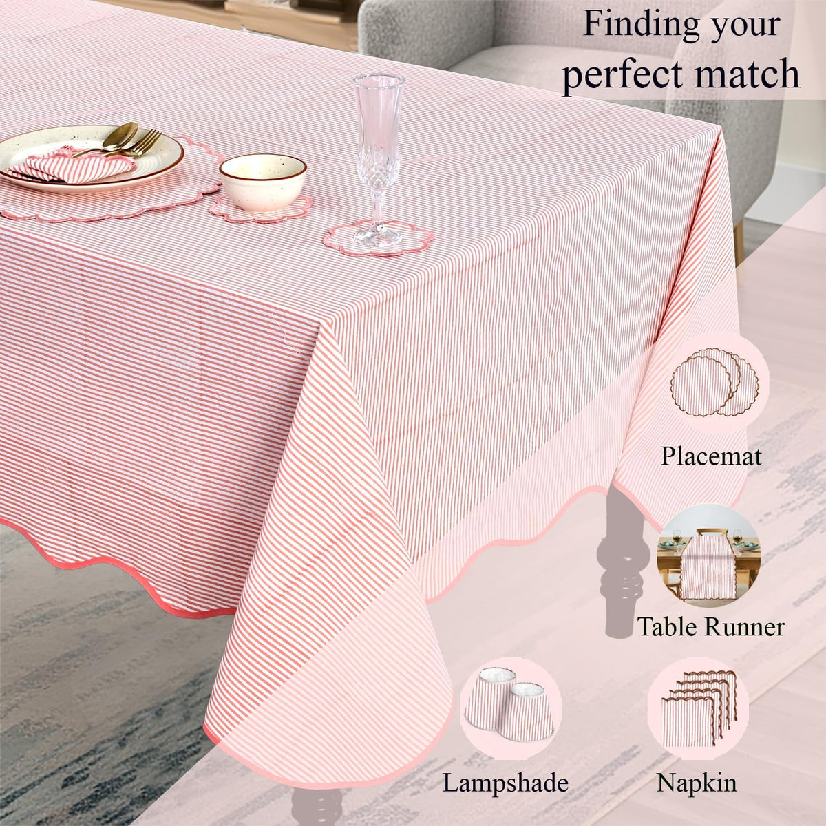 Blush Coral Stripe Block Print Cotton Tablecloth 60"x90" Rectangle