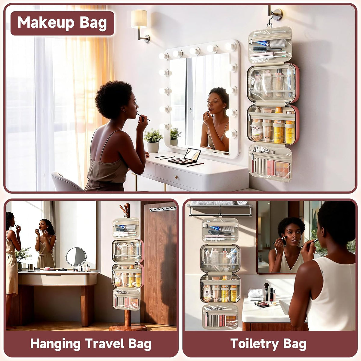 Travel Toiletry Bag for Women – Waterproof Hanging Organizer with Multiple Compartments, Fits Full-Size Toiletries and Makeup Accessories, Compact & Portable, Travel Essentials (Medium, Pink)