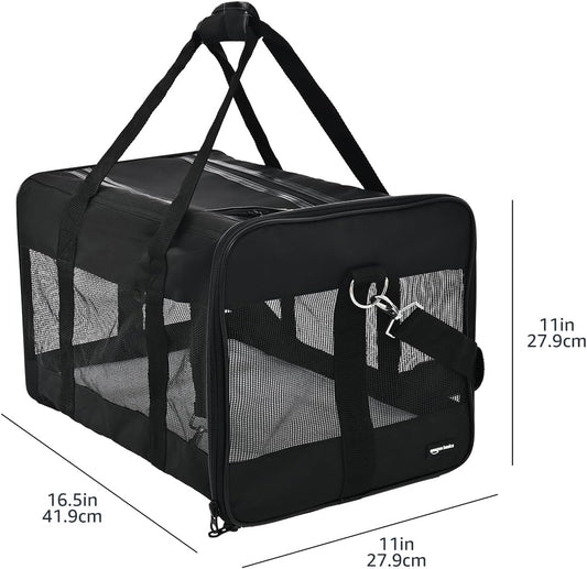 Amazon Basics Airline Approved Soft-Sided Mesh Pet Travel Carrier with Shoulder Strap, Portable, Washable Removable Fleece Pad for Dog, Cat, up to 16 pounds, 16.5" L x 10.6" W x 11" H, Black