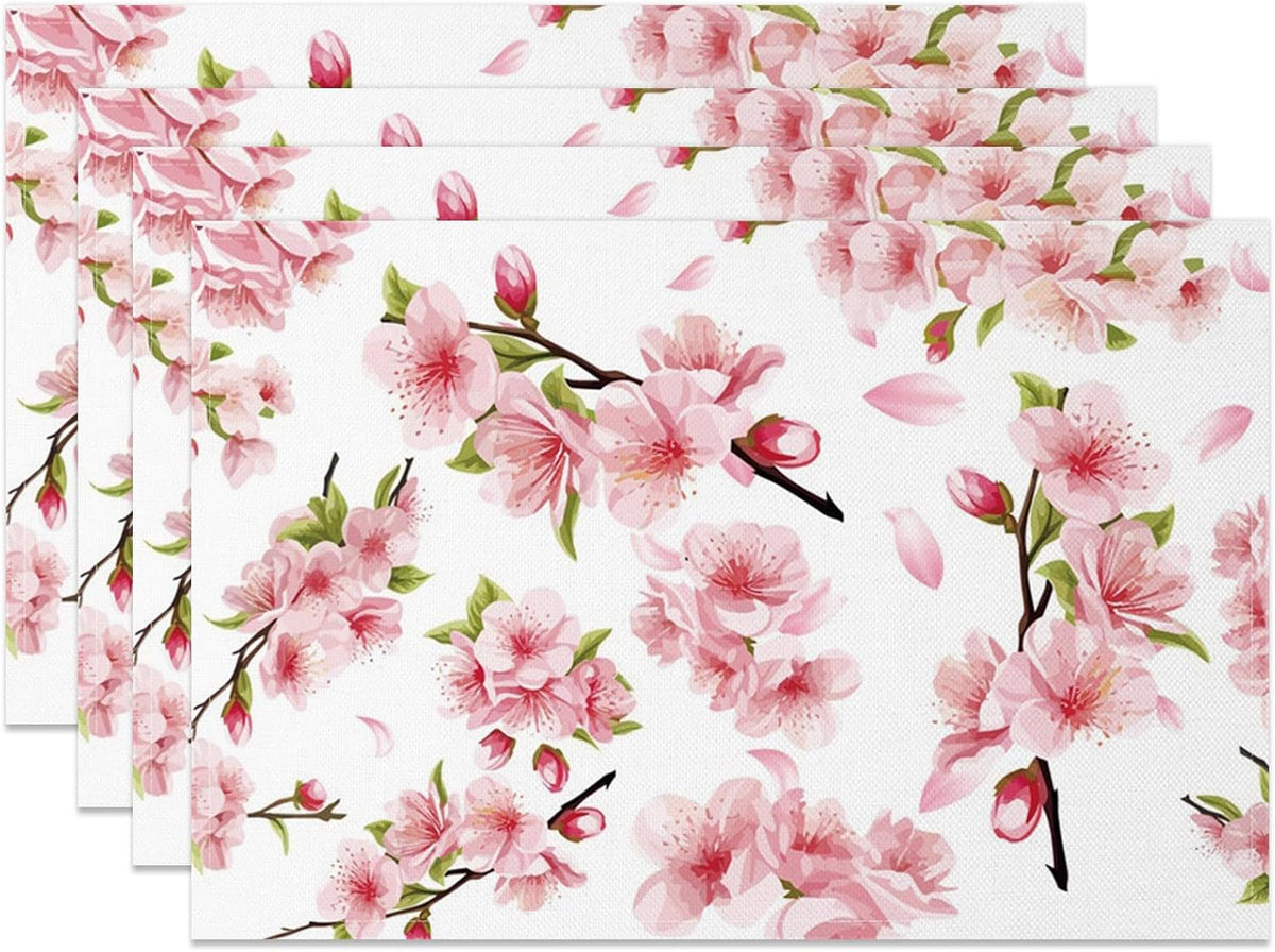 Pink Floral Placemat Set of 4 Spring Pink Cherry Blossom Flowers Printed Place Mats Washable Rectangular Table Mats for Party Home Kitchen Restaurant Dining Table Decor 12x18 Inch