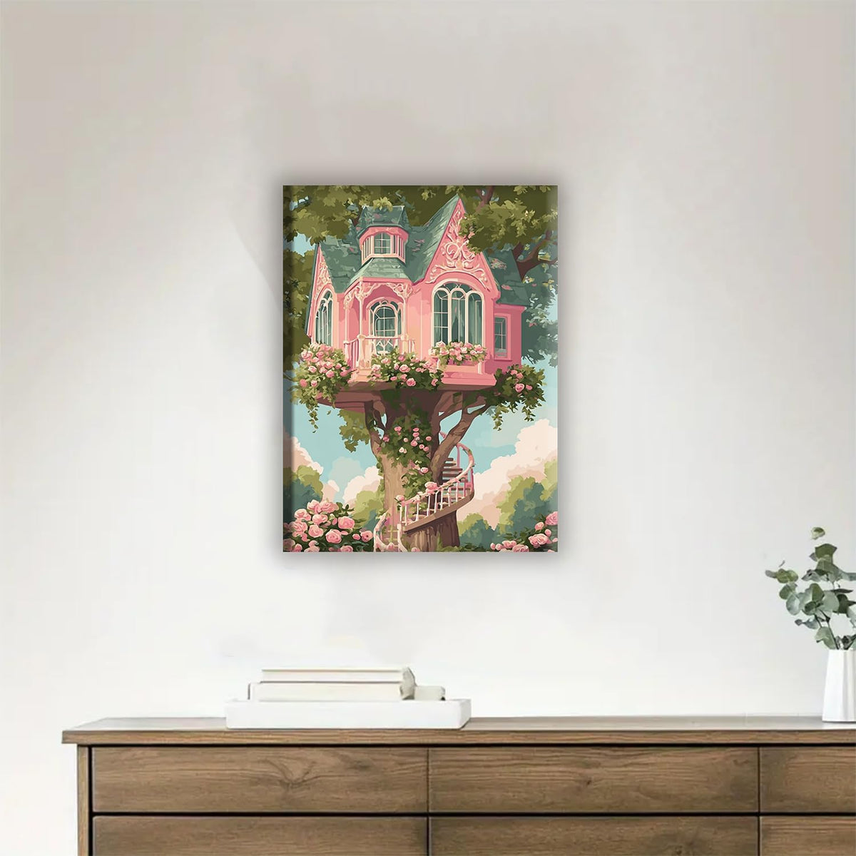 Pink Treehouse Fantasy Framed Canvas DIY Paint by Numbers Kit Bar Cafe Cave Home Room Wall Bathroom Porch Patio Decor Gift, 16 x 12 Inch