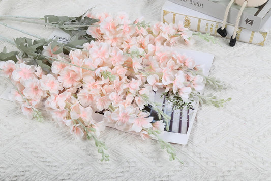 6PCS 33.5in Peach Delphinium Artificial Flowers Silk Faux Delphinium Flowers Long Stem Larkspur Artificial Flowers for Home Garden Wedding Arrangement Decor (Peach)