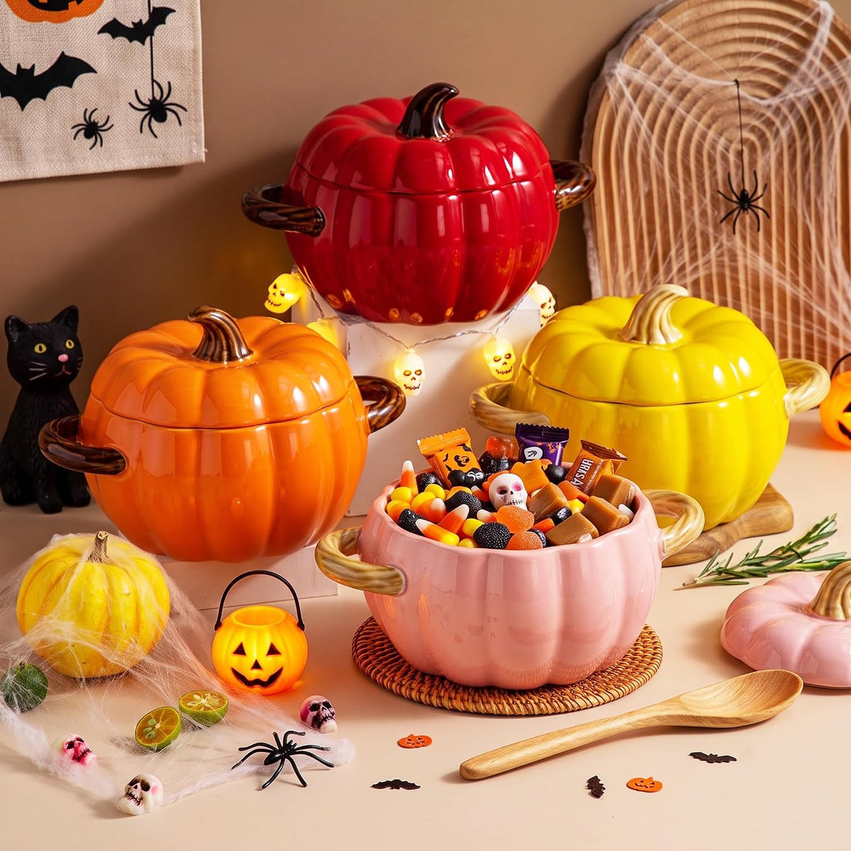 Dutch Oven Pot with Lid, Pumpkin Pottery Dessert Saucepan, Mini Baking Dish Cute Pumpkin Bowl, Covered Dutch Oven Ceramic Stockpot, Pumpkins-Shaped Casserole (Pink)