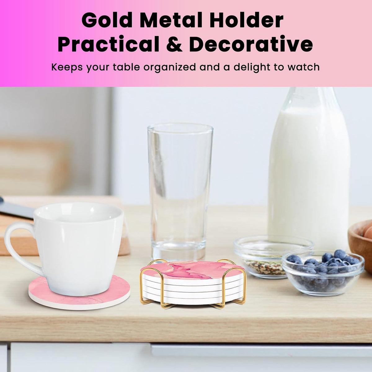 Pink Ceramic Coasters Set of 4 with Gold Holder, Cute Coasters