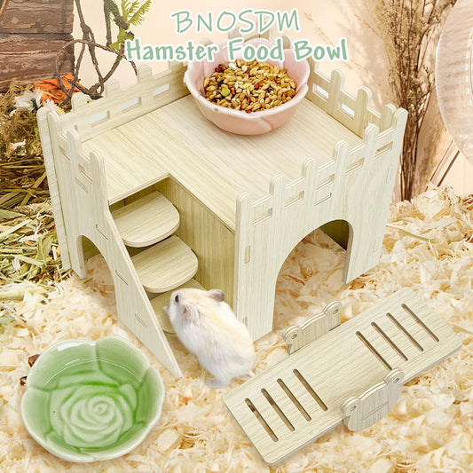 2 Pcs Hamster Ceramic Food Bowl Flower Series Gerbil Drinking Bowls Anti-Turning Food & Water Dish for Dwarf Syrian Hamsters Gerbil (Pink, Rose Pattern, 3.74“ x3.74“ x1.77“)