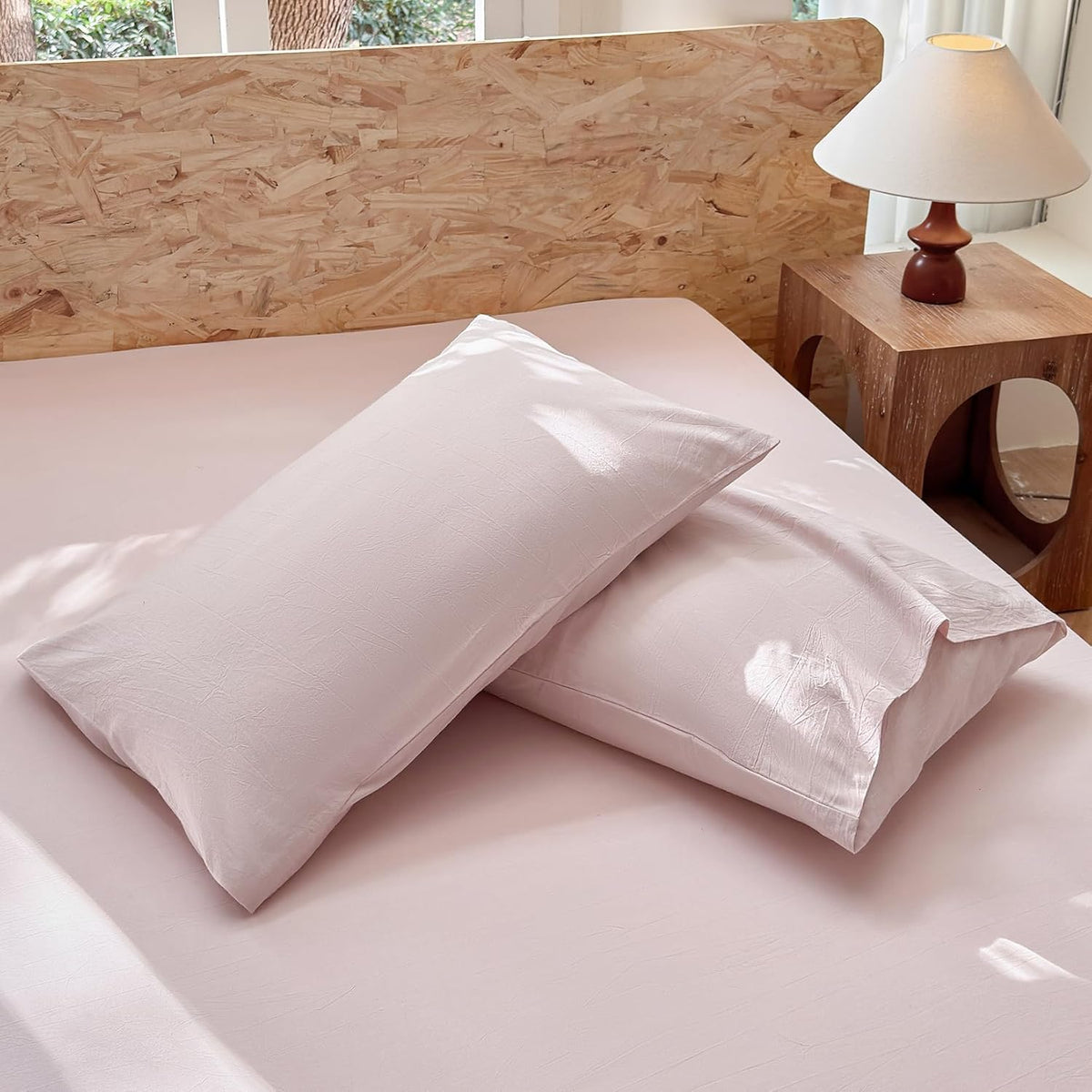 Striped Bedding Sheet Set 4 Pcs,100% Washed Cotton Linen Like,1 Fitted Sheet,1 Flat Sheet and 2 Pillowcases,Comfy Textured Sheet Set(Greyish Pink,Queen)