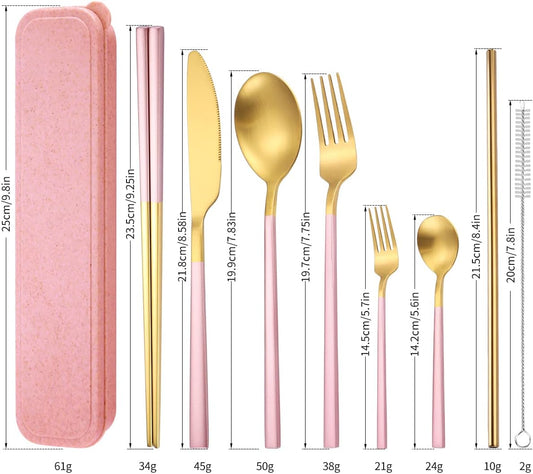 6 Pieces Stainless Steel Flatware Set Portable Reusable Cutlery Set Travel Utensils Set Including Chopsticks Knife Fork Spoon Straws Cleaning Brush Dishwasher Safe (B-Pink golden)