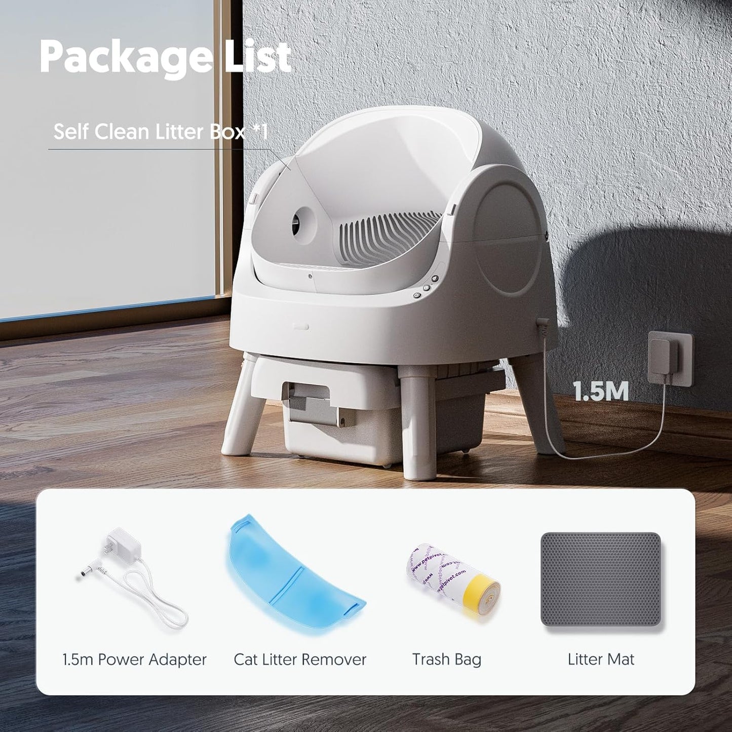 PetPivot Self Cleaning Litter Box, Open Top Automatic Litter Box for Multiple Cats, Multiple Layer Safety Protection, Liners and Mat Included, White