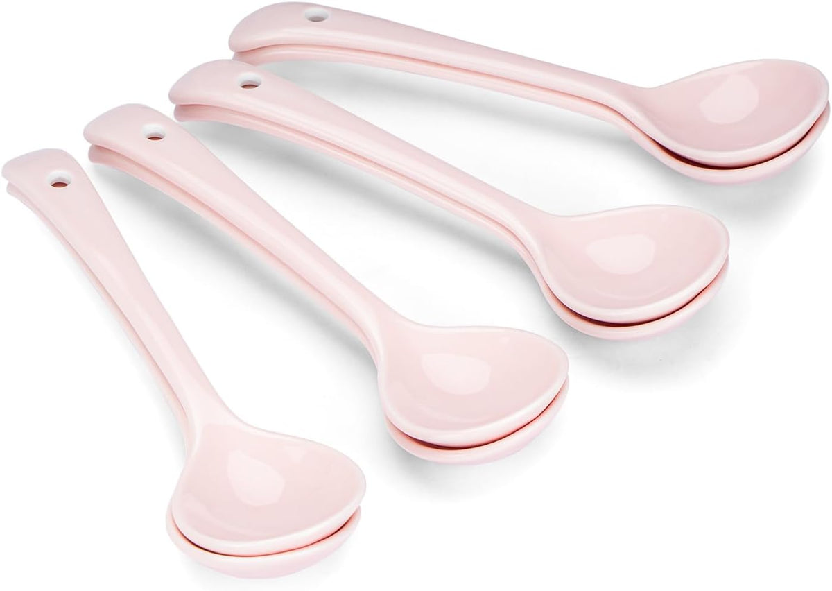 Ceramic Spoons Set of 8, Ceramic Chinese Soup Spoon, Asian Soup Spoons, Pink Japanese Spoon Large for Ramen Pho Wonton Dumpling Miso, Deep Oval Hook Design (8, Pink)