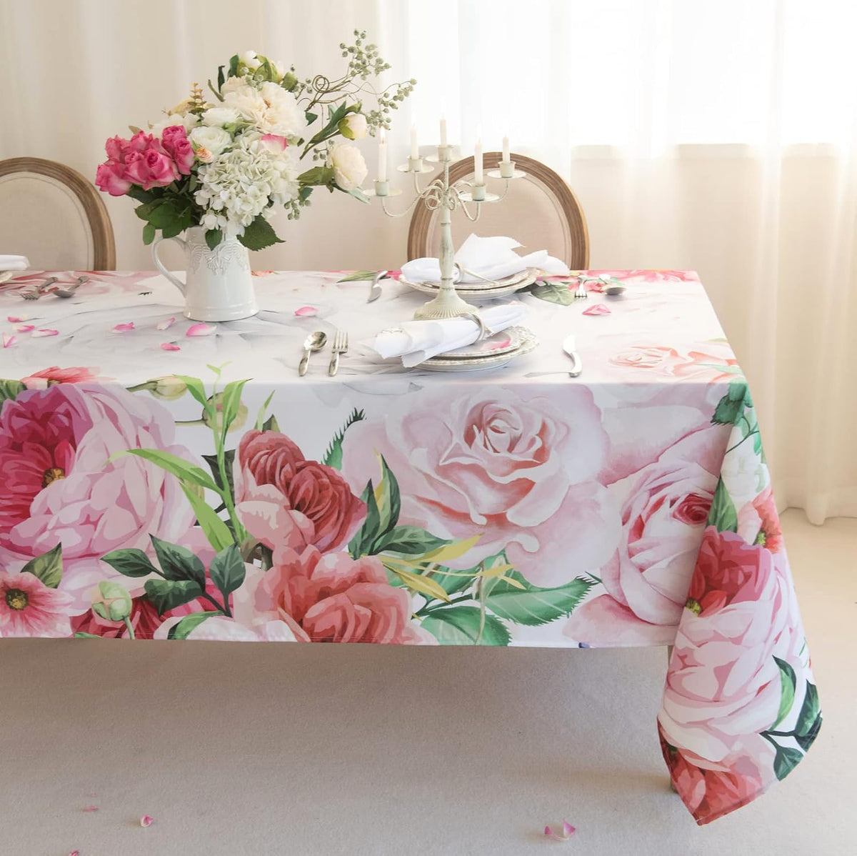 Pink Roses Rectangle Tablecloth 60x84 Inch, Waterproof Summer Floral Table Cover Rosette Table Cloth, Red Rose Rectangular Table Décor Washable Fabric for Party, Picnic, Camping, Kitchen, Dining Room