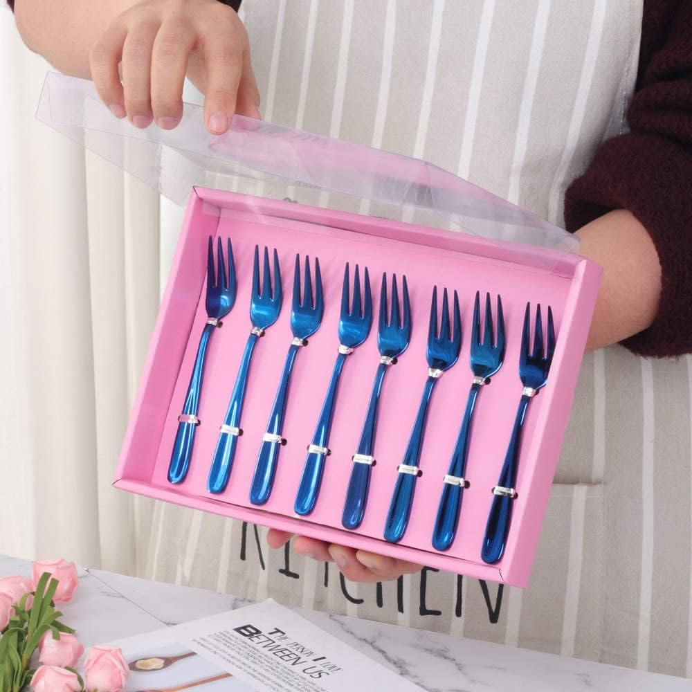 YDware Dessert Pastry Forks, 18/10 Stainless Steel Cake Forks Blue Fruits Forks Set of 8, 5.4 Inch Small Salad Forks Appetizer Forks with Pink Gift Box, Dishwasher Safe