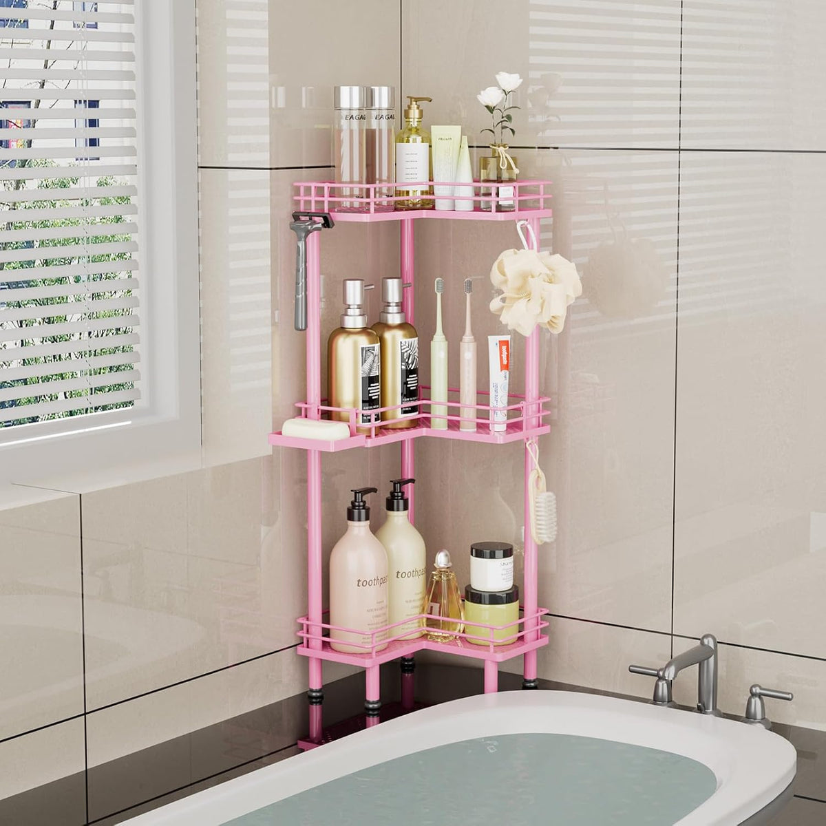 Corner Shower Caddy Standing - 3-Tier Stainless Steel Shower Organizer with Soap Holder and 4 Hooks, Large Capacity Corner Shelf Stand for Bathroom, Rest Room, Pink