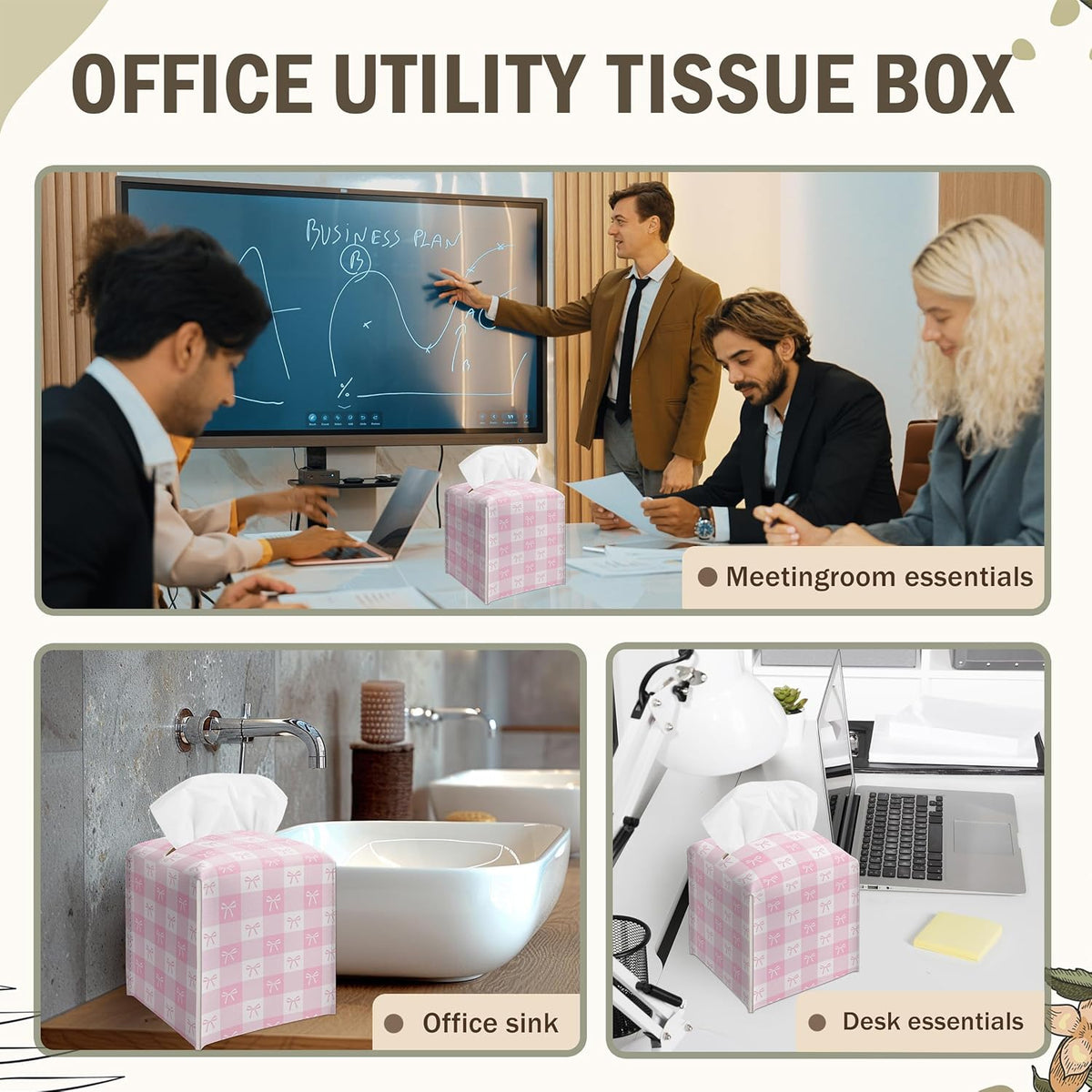 Pink Gingham Bow Decorative Leather Tissue Box Cover - Cute Tissue Holder Gifts for Women and Friends Funny Unique for Home Decor Decorative for Kitchen Bathroom Nightstands Office - A21