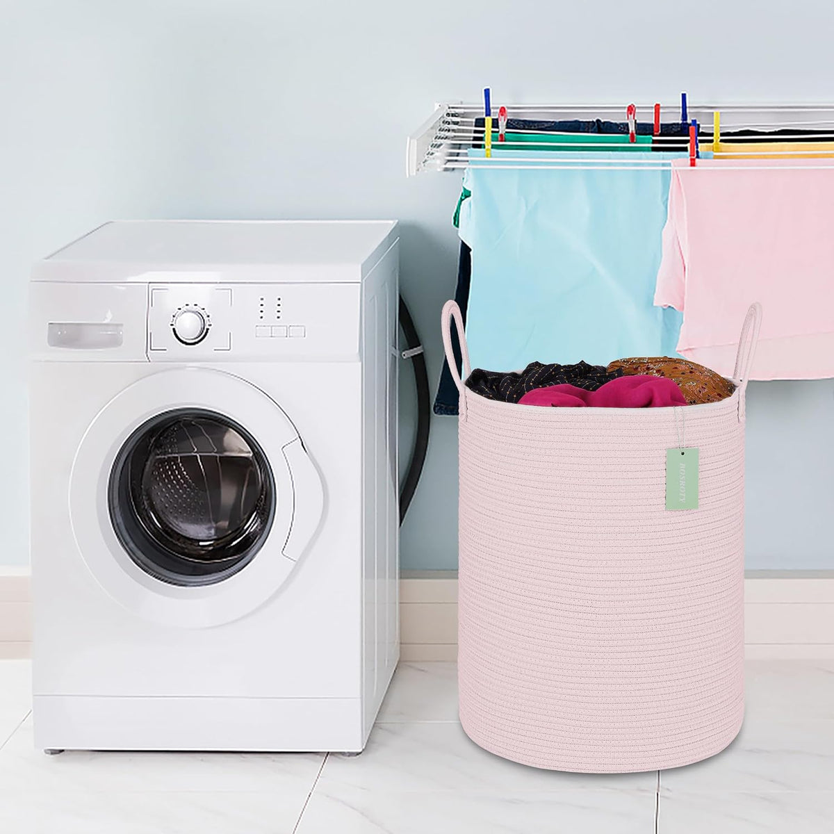 Large Cotton Rope Laundry Hamper for Girls Kids 65L, Light Pink