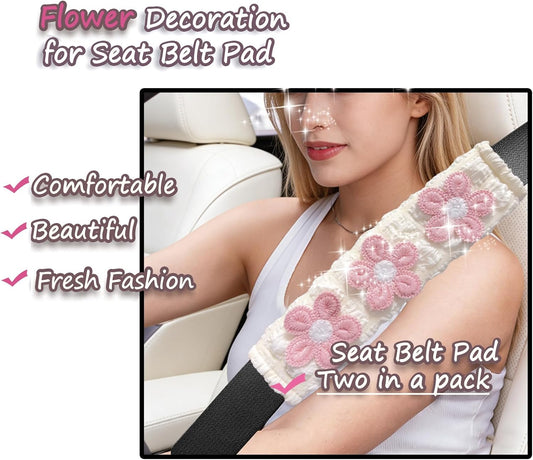 Cute Flower Car Seat Belt Shoulder Pad Cushions (2 in a Pack), Car Accessories Seat Belt Shoulder Strap Protector Universal Cover (White Pink)