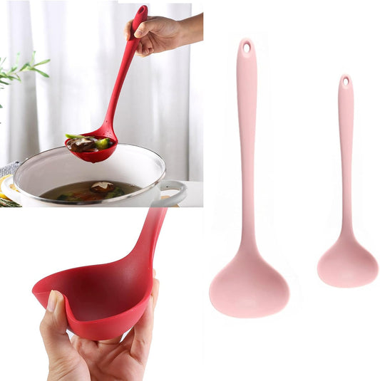 2Pcs Silicone Nonstick Soup Spoon,8.3 Inch & 11.6 Inch Ladle Spoon with Hanging Hole,Easy to Storage,Multipurpose Cooking Spoon for Kitchen(Pink)