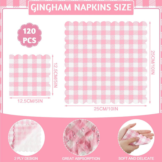 120 Pcs Pink Gingham Napkins, Scalloped Pink Napkins Plaid Cocktail Napkins Checkered Party Napkin for Bridal Baby Shower, Tea Party, Picnic, 5 x 5 Inches