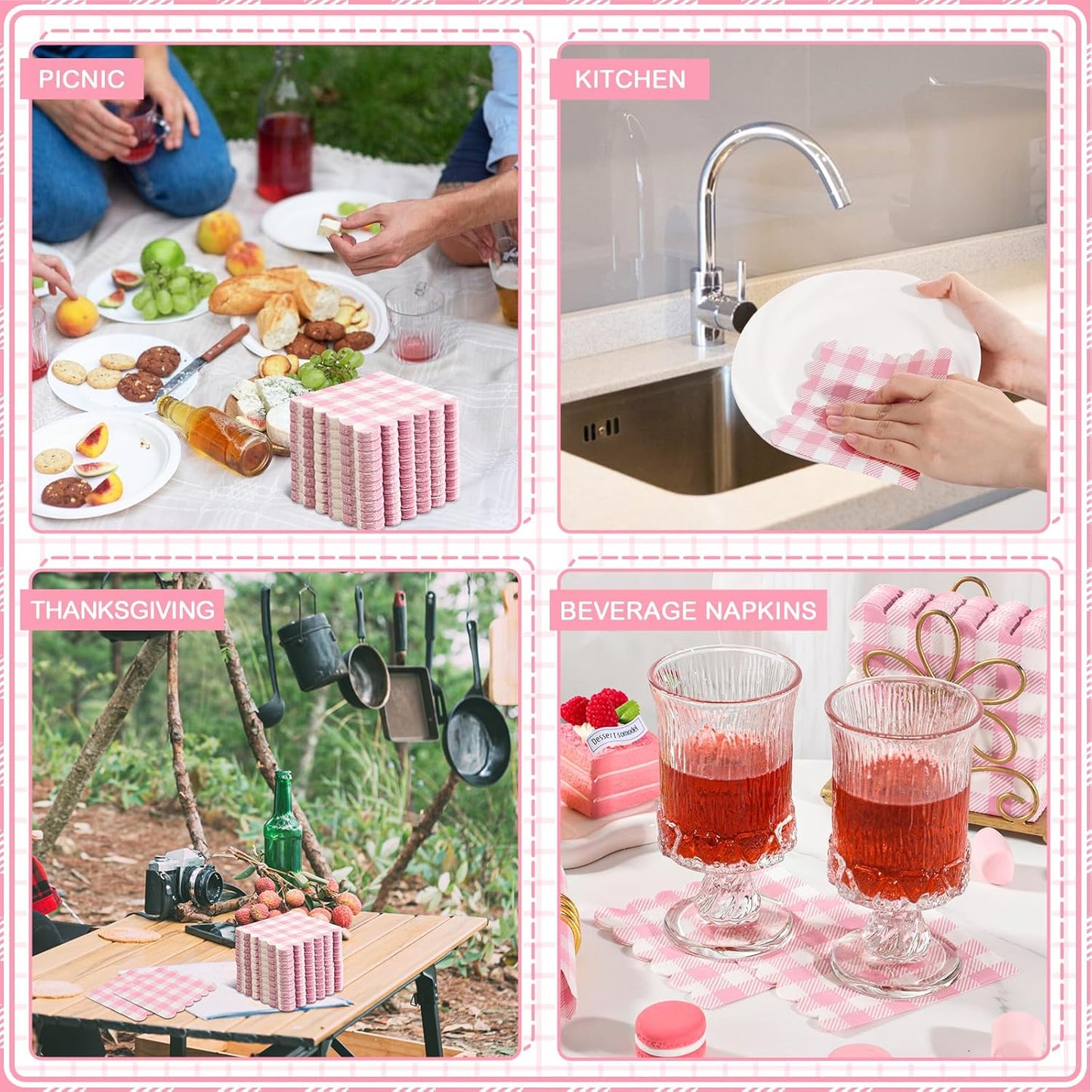 120 Pcs Pink Gingham Napkins, Scalloped Pink Napkins Plaid Cocktail Napkins Checkered Party Napkin for Bridal Baby Shower, Tea Party, Picnic, 5 x 5 Inches